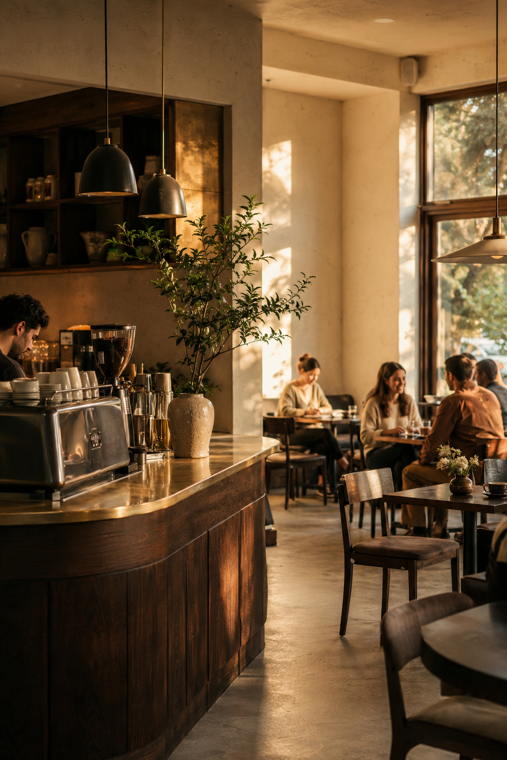 The warm, sunlit interior of Golden Hour Coffee